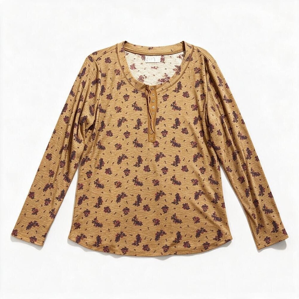 Maurices 24/7 Womens XXL Mustard Floral Henley Long Sleeve Top Casual